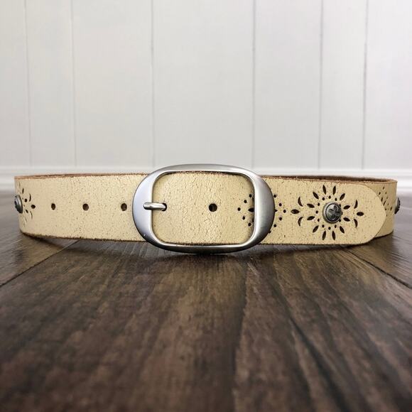 Lucky Brand Laser Cut Leather Belt Western Crackle Distressed Size Large Cream - Picture 1 of 13
